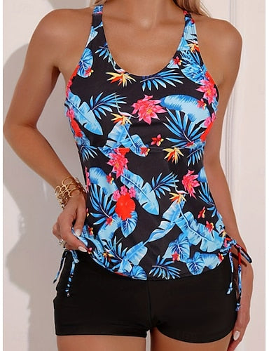 Tankini 2 Piece Swimsuit Palm Shorts Tummy Control High Waist Slim Backless Vacation Beach Wear Leaves Halter Neck Sleeveless Bathing Suits