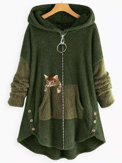Abrigo polar con capucha, paneles colorblock y bolsillo bordado con gatito