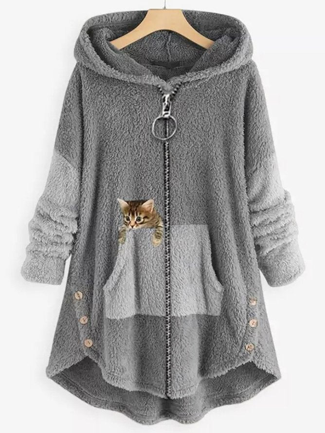 KL | Acogedora chaqueta de forro polar con capucha y adorable estampado de gatos