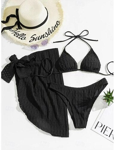 Swimwear Bikini Three Piece Skirt Swimsuit Slim Backless Vacation Beach Wear Color Halter Neck Sleeveless Bathing Suits