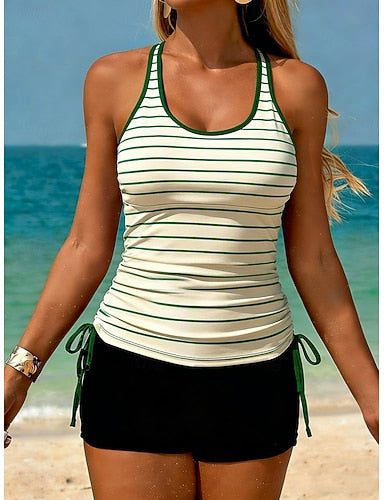 Swimwear Tankini 2 Piece High Waist Swimsuit Tummy Control High Waist Slim Backless Vacation Beach Wear Striped U Neck Sleeveless Bathing Suits
