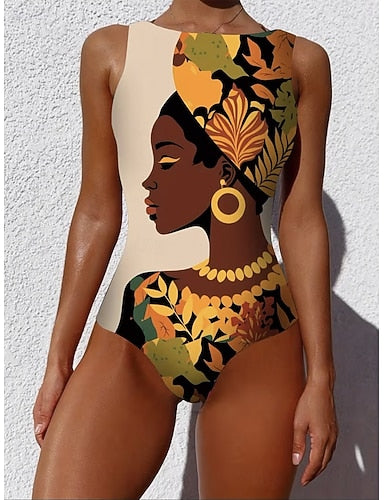 Swimwear One Piece Monokini Briefs Swimsuit Tummy Control High Waist Slim Backless Vacation Beach Wear Graphic Animal Round Neck Sleeveless Bathing Suits