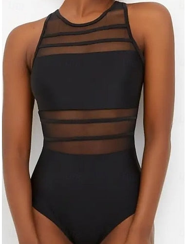 One Piece Swimsuit Slimming Cutout Monokini Tummy Control High Waist Slim Backless Vacation Beach Wear Color Round Neck Sleeveless Bathing Suits