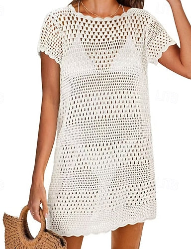 Swimwear Cover Up Swimsuit Cut Out Crochet Vacation Beach Wear Plain Round Neck Short Sleeves Bathing Suits