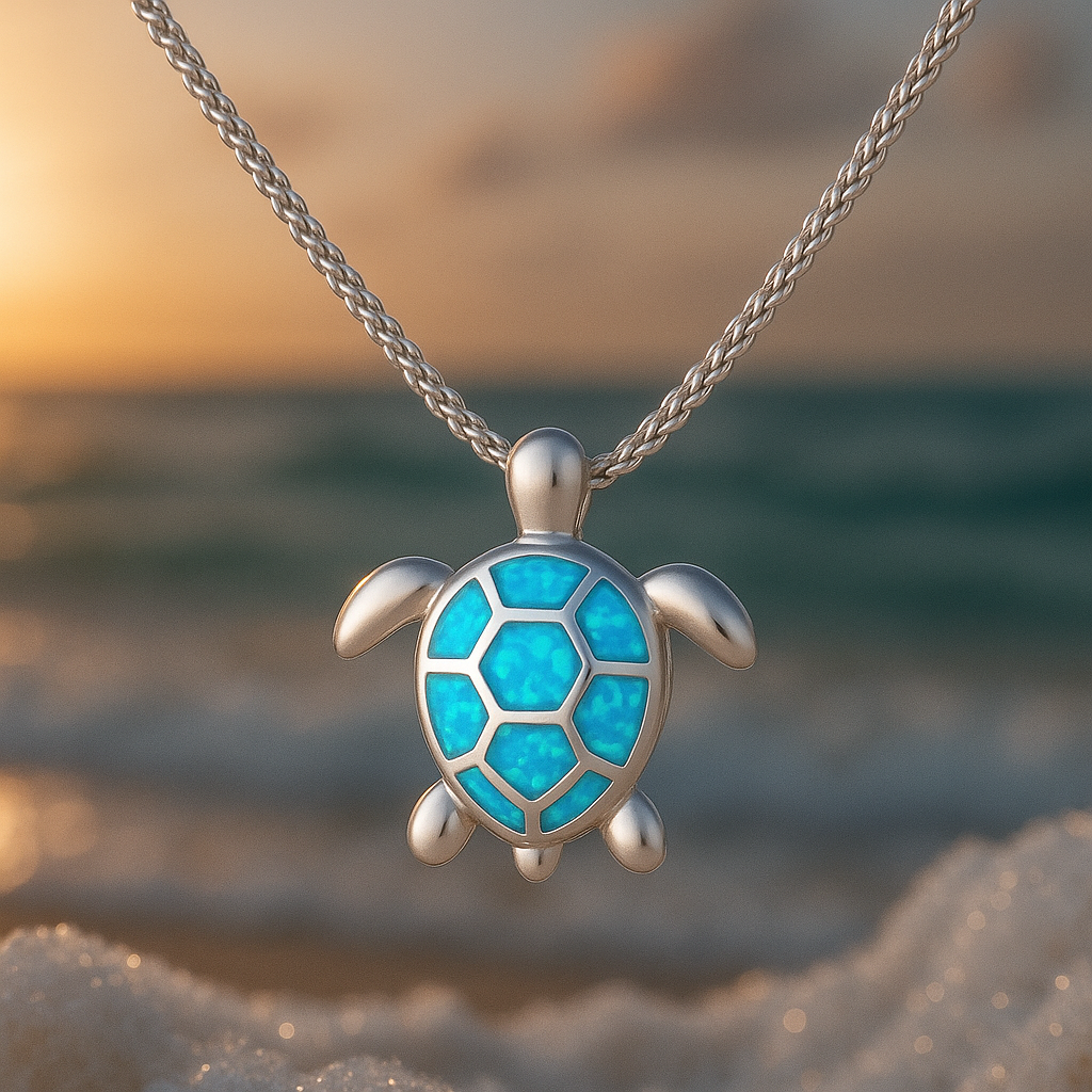 Light Blue Opal Turtle Silver Necklace