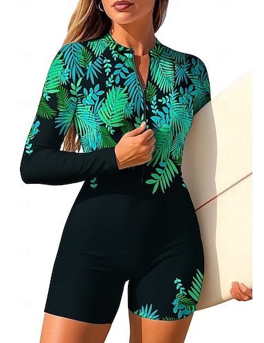 Rash Guard One Piece Surfing Suit Bathing Suit Tropical Color-blocking Zip Up With Built in Bra Removable Pad Uv Sun Protection Upf50+ Ultra Light (ul) Long Sleeve Swimwear Sun Shirt