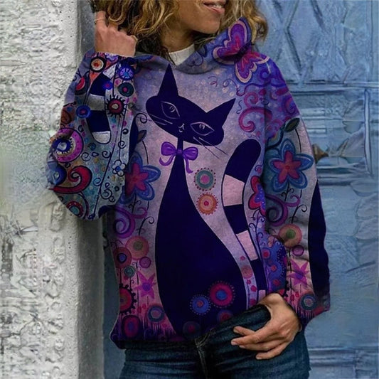 CM | Elegante sudadera con capucha y estampado de gatos