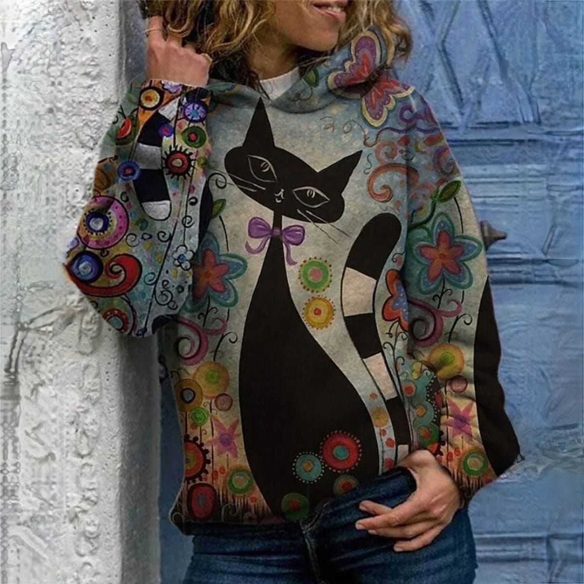 CM | Elegante sudadera con capucha y estampado de gatos