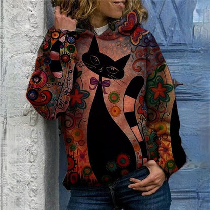 CM | Elegante sudadera con capucha y estampado de gatos
