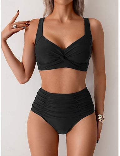Bikini 2 Piece Swimsuit Ruched Briefs Slim Backless Vacation Color V Neck Sleeveless Bathing Suits