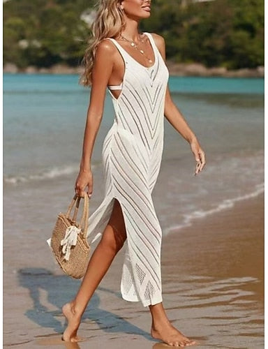 Swimwear Cover Up Swim Dress Swimsuit Cut Out Vacation Beach Wear Color V Neck Sleeveless Bathing Suits