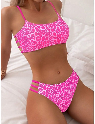 Bikini 2 Piece Swimsuit Leopard Cheeky Backless Slim Vacation Beach Wear Scoop Neck Sleeveless Bathing Suits