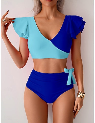 Bikini 2 Piece Swimsuit Colorblock Briefs Slim Backless Vacation Beach Wear Color Block V Neck Sleeveless Short Sleeves Bathing Suits
