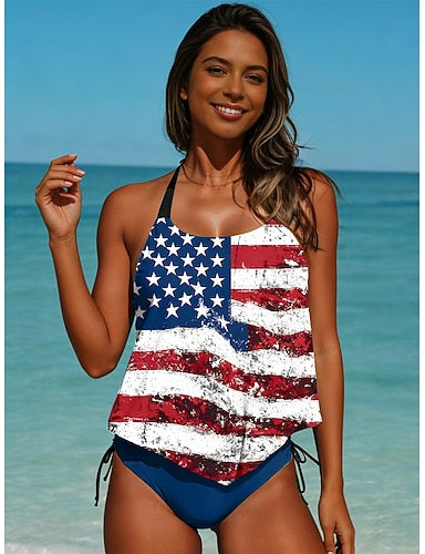 American Independence Day Swimwear Tankini 2 Piece Briefs Swimsuit Backless Vacation Beach Wear Flag Halter Neck Sleeveless Bathing Suits
