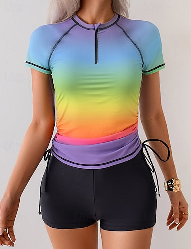 Rash Guard 2 Piece Swimsuit Rash Guard Gradient Color Swimwear Blue Upf 50+ Surfing Beach Swimming Summer
