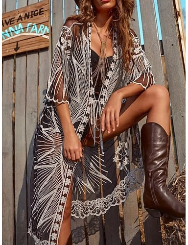 Swimwear Cover Up Swimsuit Lace Vacation Beach Wear V Neck Long Sleeve Bathing Suits