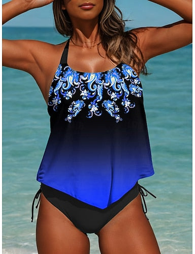 Tankini 2 Piece Swimsuit Cheeky S Backless Vacation Beach Wear Ombre Graphic U Neck Sleeveless Bathing Suits