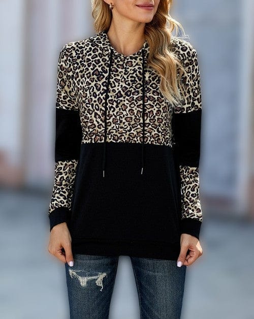 CM | MW Sudadera con capucha negra para mujer con cordón y estampado de leopardo