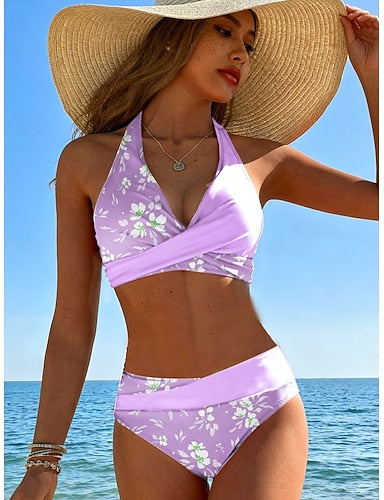 Bikini 2 Piece Swimsuit Cheeky Stylish Graphic V Neck Sleeveless Bathing Suits