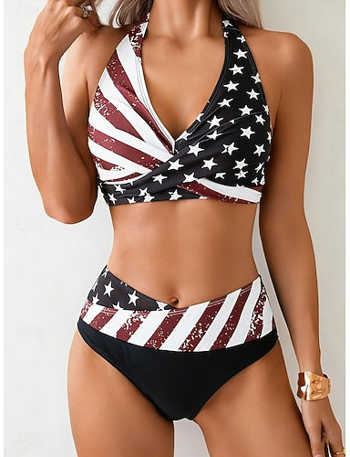 Swimwear Bikini Briefs Swimsuit Vacation Graphic Flag Halter Neck Sleeveless Bathing Suits