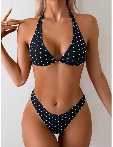 Swimwear Bikini 2 Piece High Cut Swimsuit Slim Backless Vacation Beach Wear Polka Dot Halter Neck Sleeveless Bathing Suits