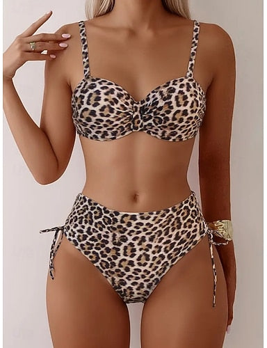 Swimwear Bikini 2 Piece High Waist Swimsuit Slim Backless Vacation Beach Wear Leopard Geometric Sleeveless Bathing Suits