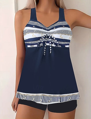 Swimwear 2 Piece Shorts Swimsuit Backless Vacation Beach Wear Graphic Round Neck Sleeveless Bathing Suits