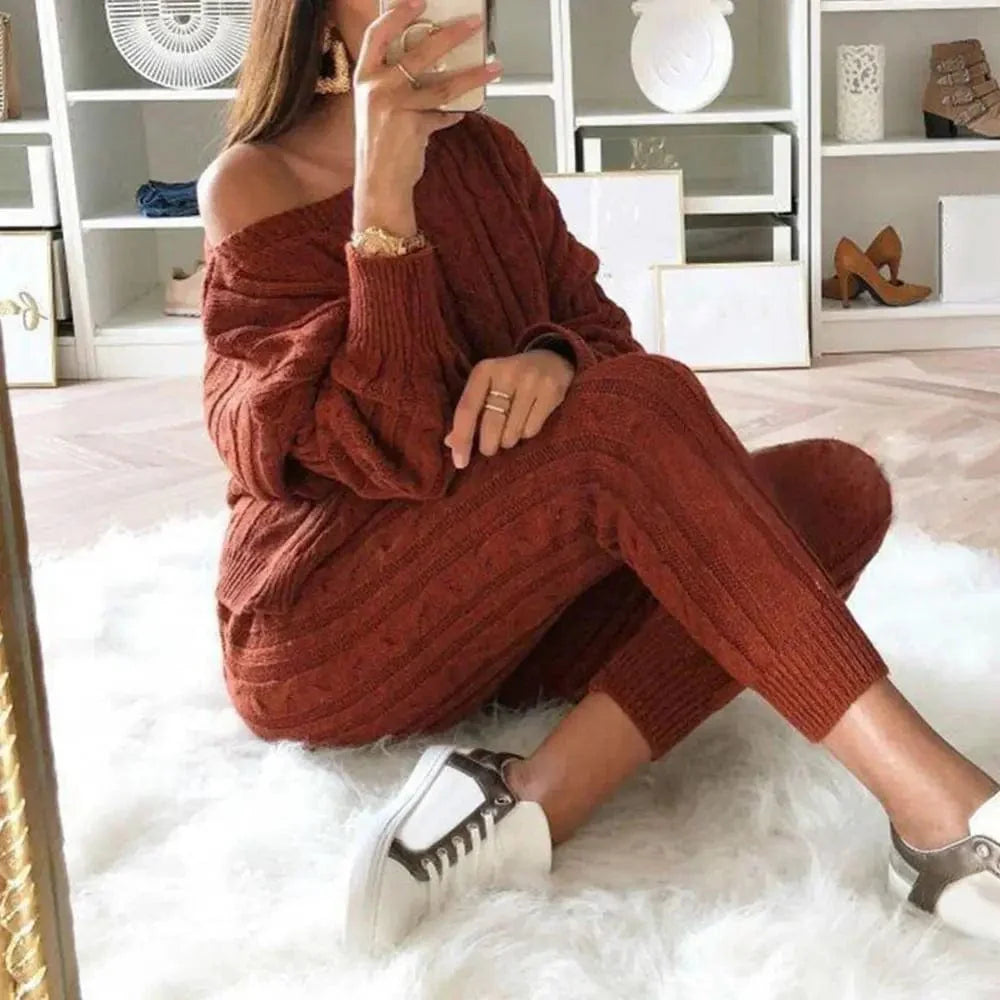 CM | MW -Traje largo de punto de 2 piezas para mujer con jersey grueso