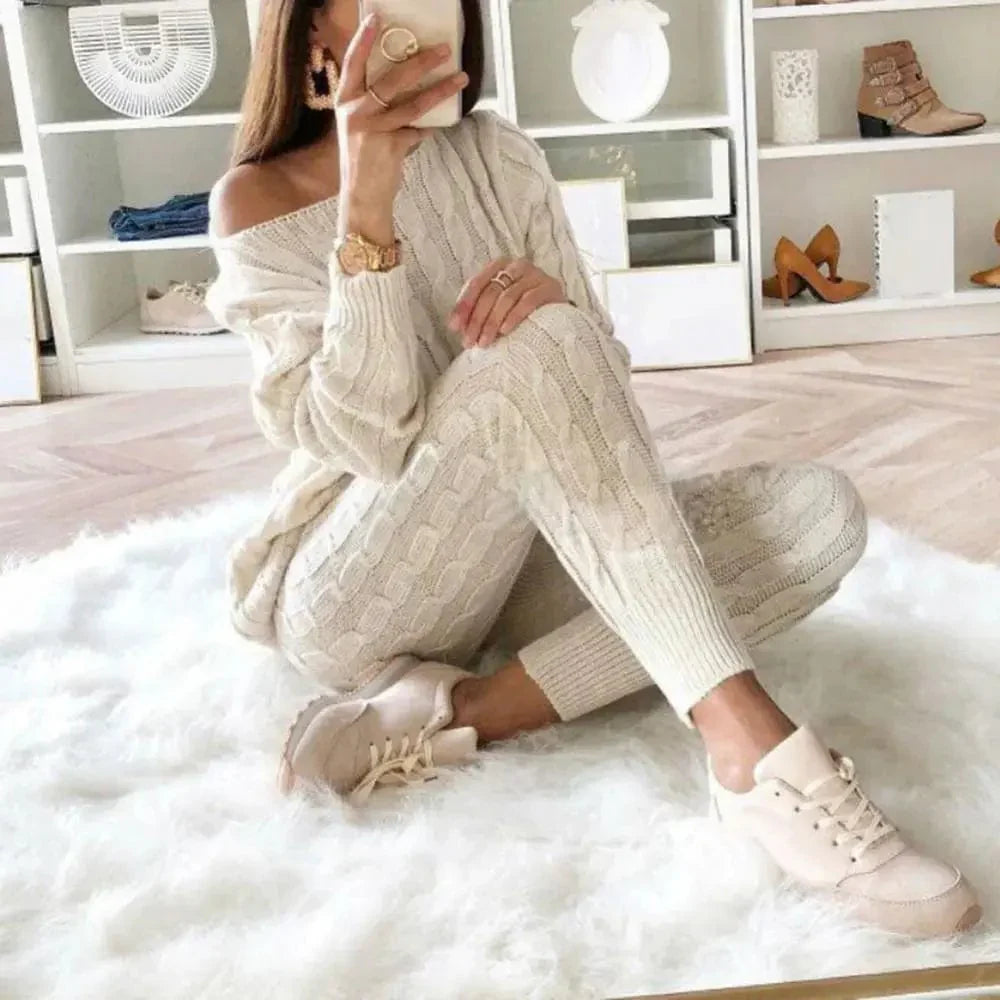 CM | MW -Traje largo de punto de 2 piezas para mujer con jersey grueso