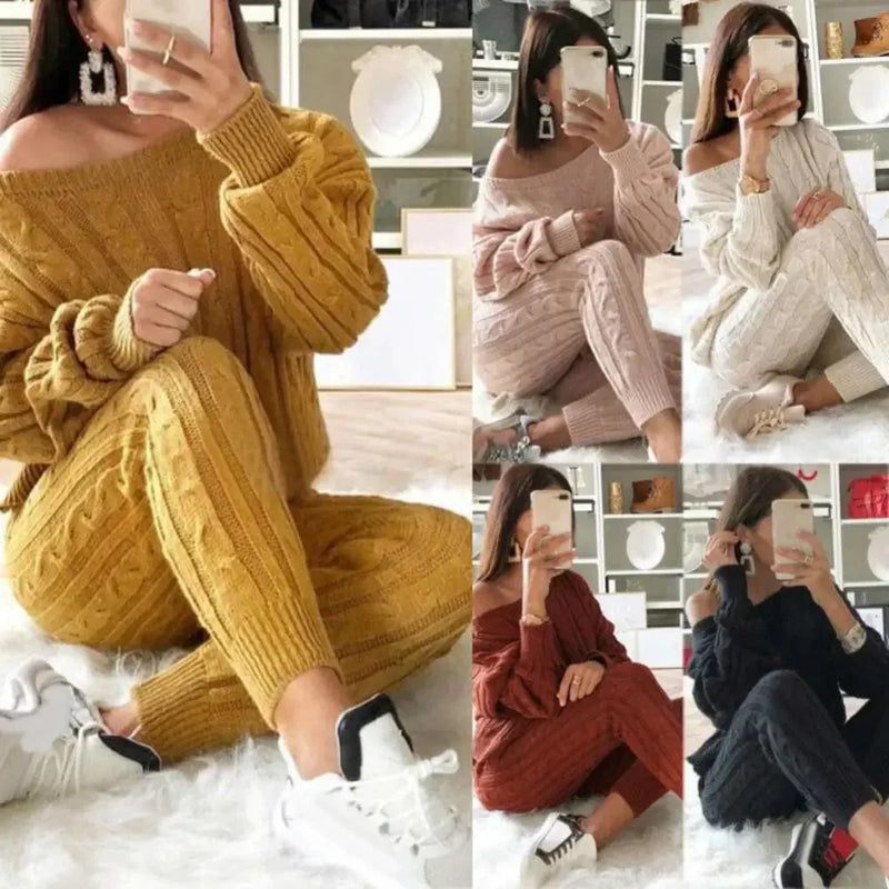 CM | MW -Traje largo de punto de 2 piezas para mujer con jersey grueso