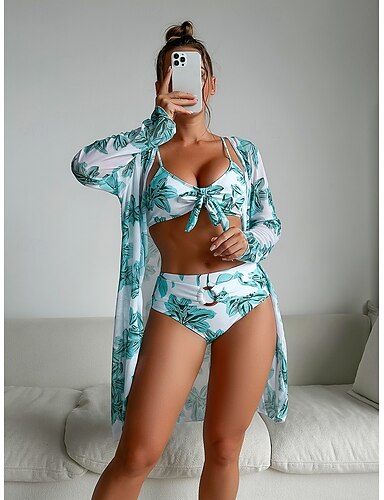 Bikini 3 Piece Swimsuit Palm Briefs Slim Backless Vacation Beach Wear V Neck Sleeveless Long Sleeve Bathing Suits