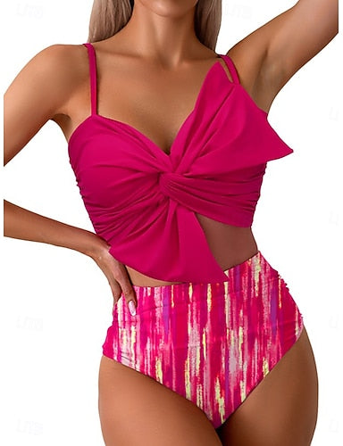 Swimwear Bikini 2 Piece High Waist Swimsuit Ruched Vacation Beach Wear Graphic V Neck Sleeveless Bathing Suits