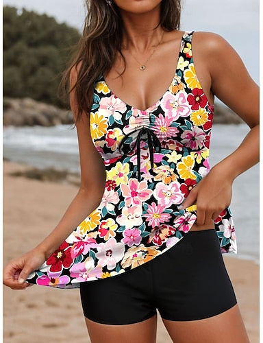 Tankini 2 Piece Swimsuit Boy Leg Backless Tummy Control High Waist Slim Vacation Beach Wear U Neck Sleeveless Bathing Suits