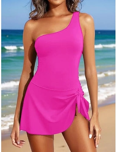 One Piece Swimsuit With Skirt Monokini Tummy Control High Waist Slim Backless Vacation Beach Wear Color Asymmetric Neck Sleeveless Bathing Suits