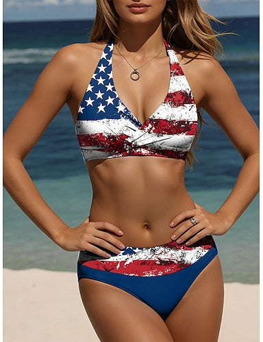 Swimwear Bikini Briefs Swimsuit Vacation Graphic Flag Halter Neck Sleeveless Bathing Suits