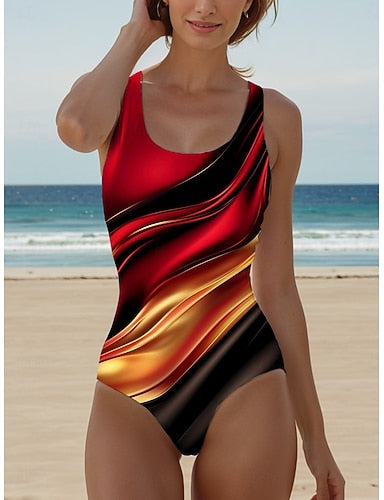 One Piece Swimsuit Slimming Monokini High Cut Backless Tummy Control High Waist Slim Vacation Graphic Geometric U Neck Sleeveless Bathing Suits