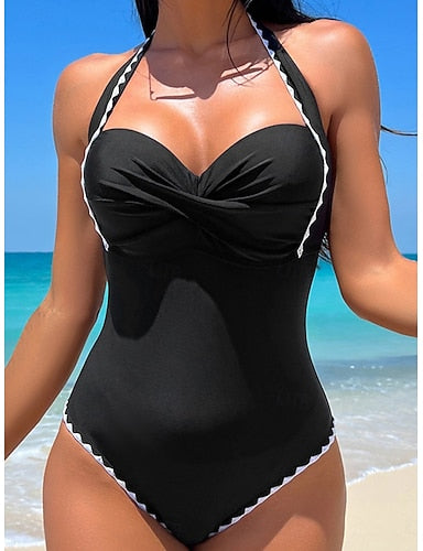 One Piece Swimsuit Slimming Underwire Monokini Tummy Control High Waist Slim Backless Vacation Beach Wear Color Halter Neck Sleeveless Bathing Suits