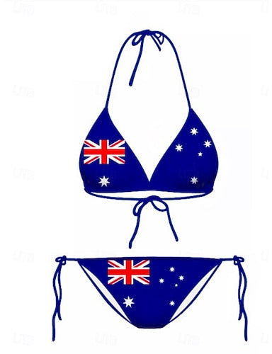 Independence Day Patrioticwomen's Swimwear Bikini 2 Piece Thong Swimsuit Slim Backless Vacation Beach Wear Flag Halter Neck Sleeveless Bathing Suits
