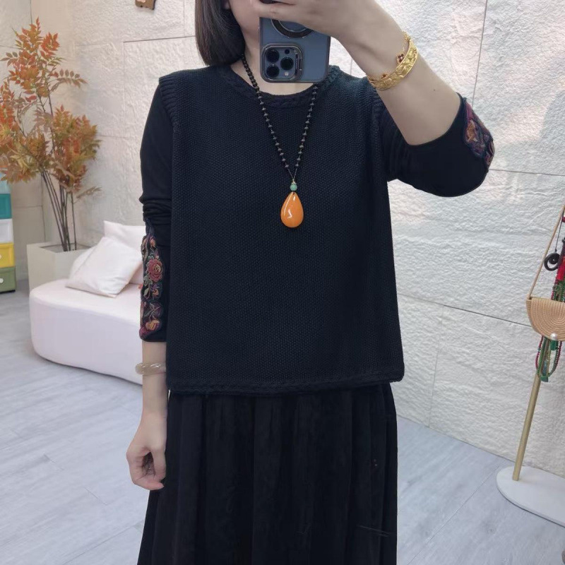 Abrigo-jersey negro estético, talla grande, top de punto sin mangas, cuello redondo