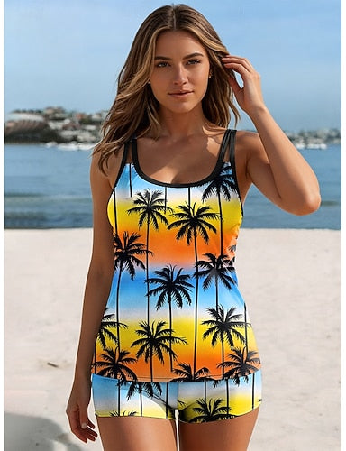 Swimwear Tankini 2 Piece High Waist Swimsuit Backless Vacation Beach Wear Ombre Graphic U Neck Sleeveless Bathing Suits