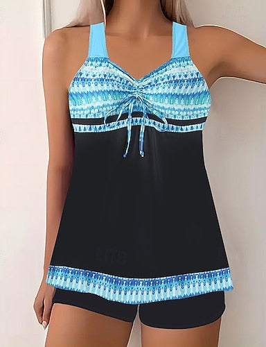 Swimwear 2 Piece Shorts Swimsuit Backless Vacation Beach Wear Graphic Round Neck Sleeveless Bathing Suits