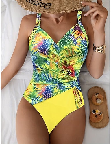 Swimwear One Piece High Cut Swimsuit Ruched Drawstring Vacation Graphic V Neck Sleeveless Bathing Suits