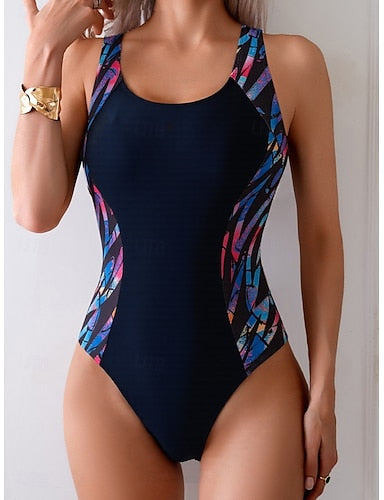 Swimwear One Piece Monokini Swimsuit Tummy Control High Waist Slim Backless Vacation Beach Wear Geometric Color Block Scoop Neck Sleeveless Bathing Suits