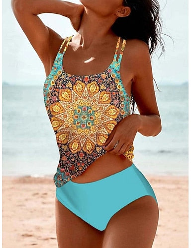 Swimwear Tankini 2 Piece Cheeky Swimsuit Tummy Control High Waist Slim Backless Vacation Beach Wear U Neck Sleeveless Bathing Suits