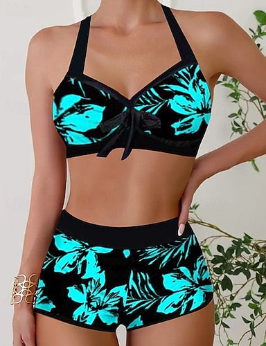 Tankini Two Piece Swimsuit V Neck Backless Swimwear Swimwear Blue Green Quick Dry Lightweight Breathable Sleeveless - Surfing Beach Swimming Summer Spring
