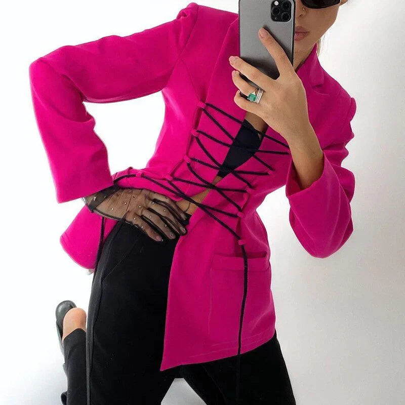 CM | encaje blazer manga bolsillos chaqueta delgada