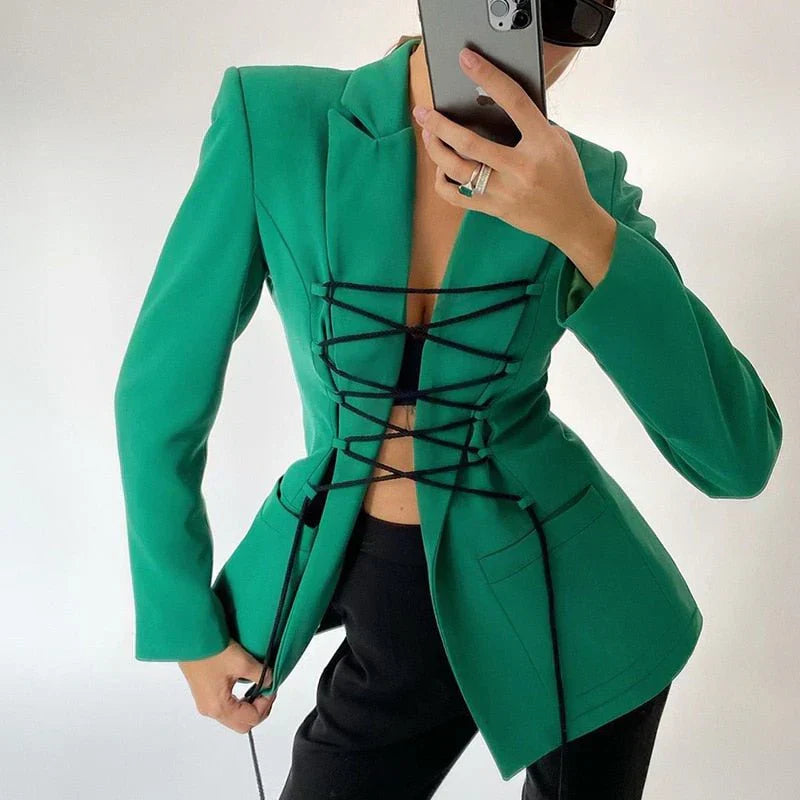 CM | encaje blazer manga bolsillos chaqueta delgada