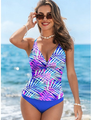 Swimwear Tankini 2 Piece Cheeky Swimsuit Lace Up Vacation Beach Wear Graphic V Neck Sleeveless Bathing Suits