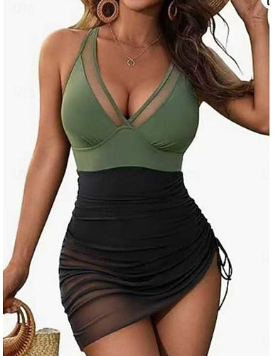 One Piece Swimsuit Slimming Ruched Cutout With Skirt Monokini Mesh Tummy Control High Waist Slim Vacation Beach Wear Color V Neck Sleeveless Bathing Suits