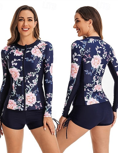 Rash Guard Swimsuit 2 Piece Front Zip Spandex Uv Sun Protection Upf50+ Quick Dry Long Sleeve Swimwear Swimsuit Surfing Beach Water Sports Summer